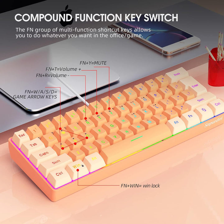 Snpurdiri - Teclado para videojuegos 60% con cable, retroiluminado...