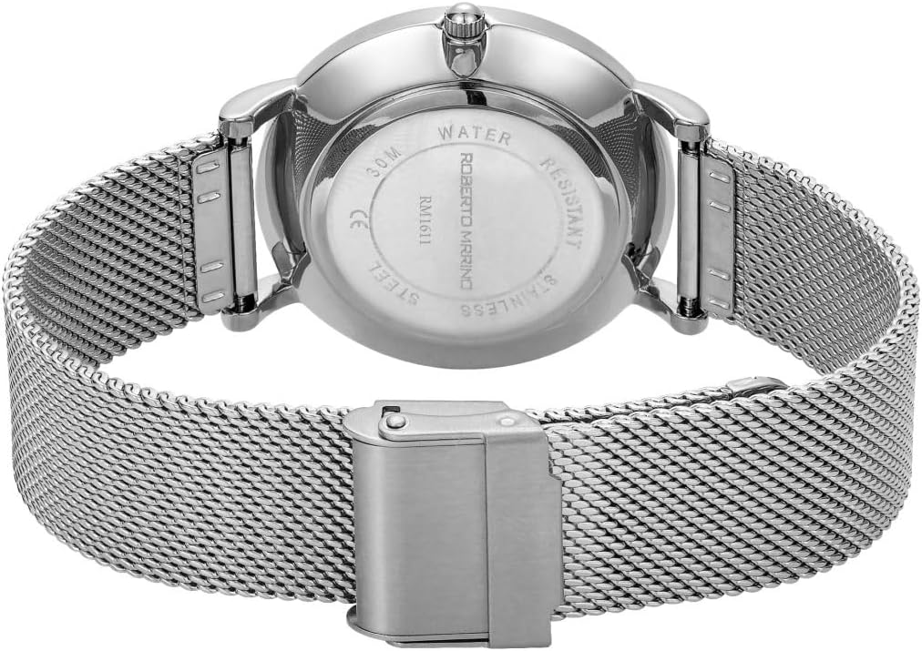 Roberto Marino RM1611 Reloj de malla para mujer – Acero inoxidable plateado, 3ATM, esfera blanca