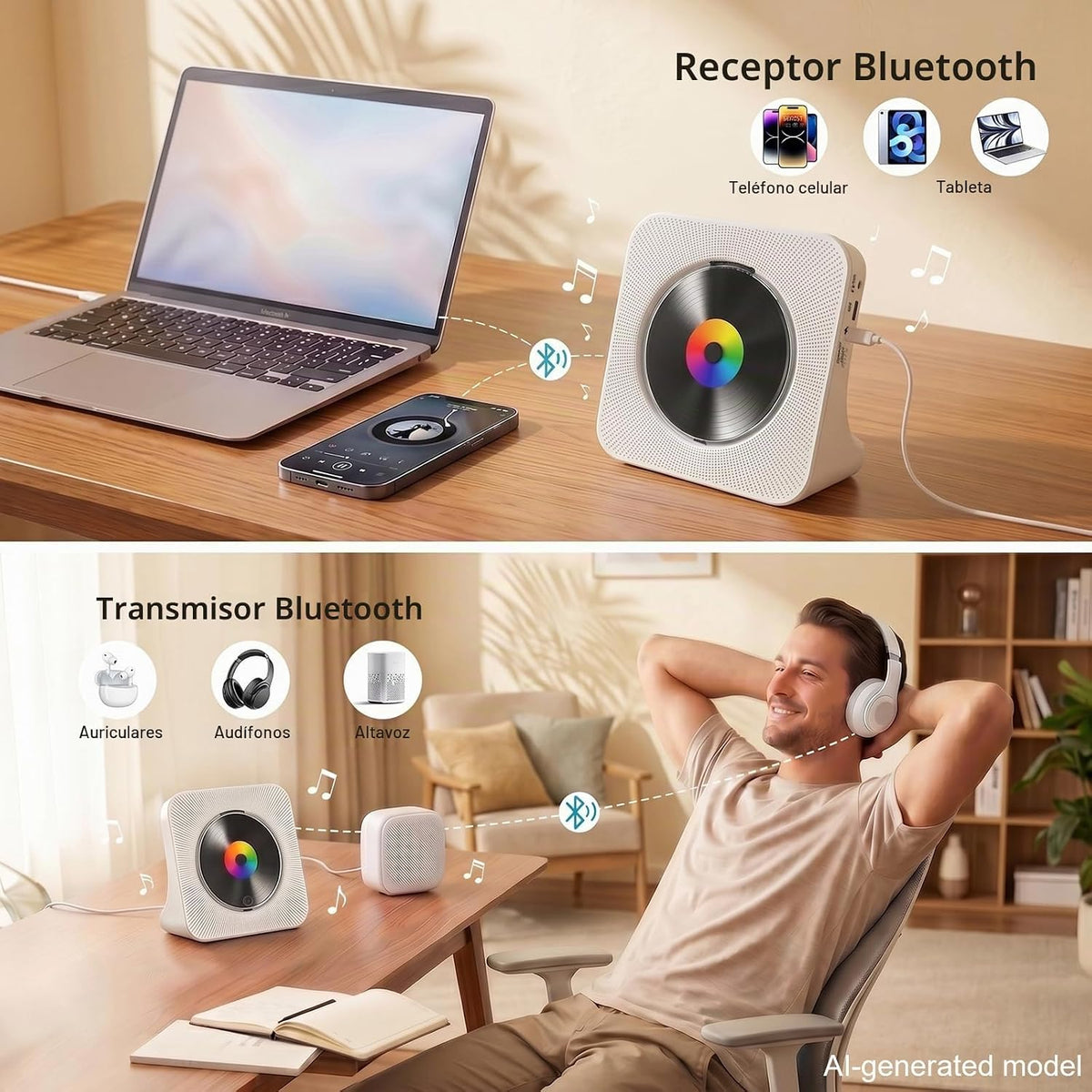 Gueray Reproductor de CD portátil Bluetooth para escritorio para el hogar