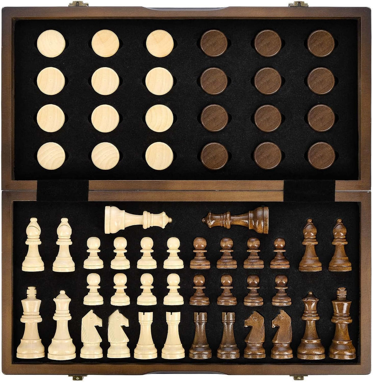 AMEROUS Juego de ajedrez y damas de madera magnética, juegos de mesa de ajedrez de 15 pulgadas (2 en 1), 2 reinas adicionales, paquete de regalo, ranuras de almacenamiento de piezas de juego, juego de