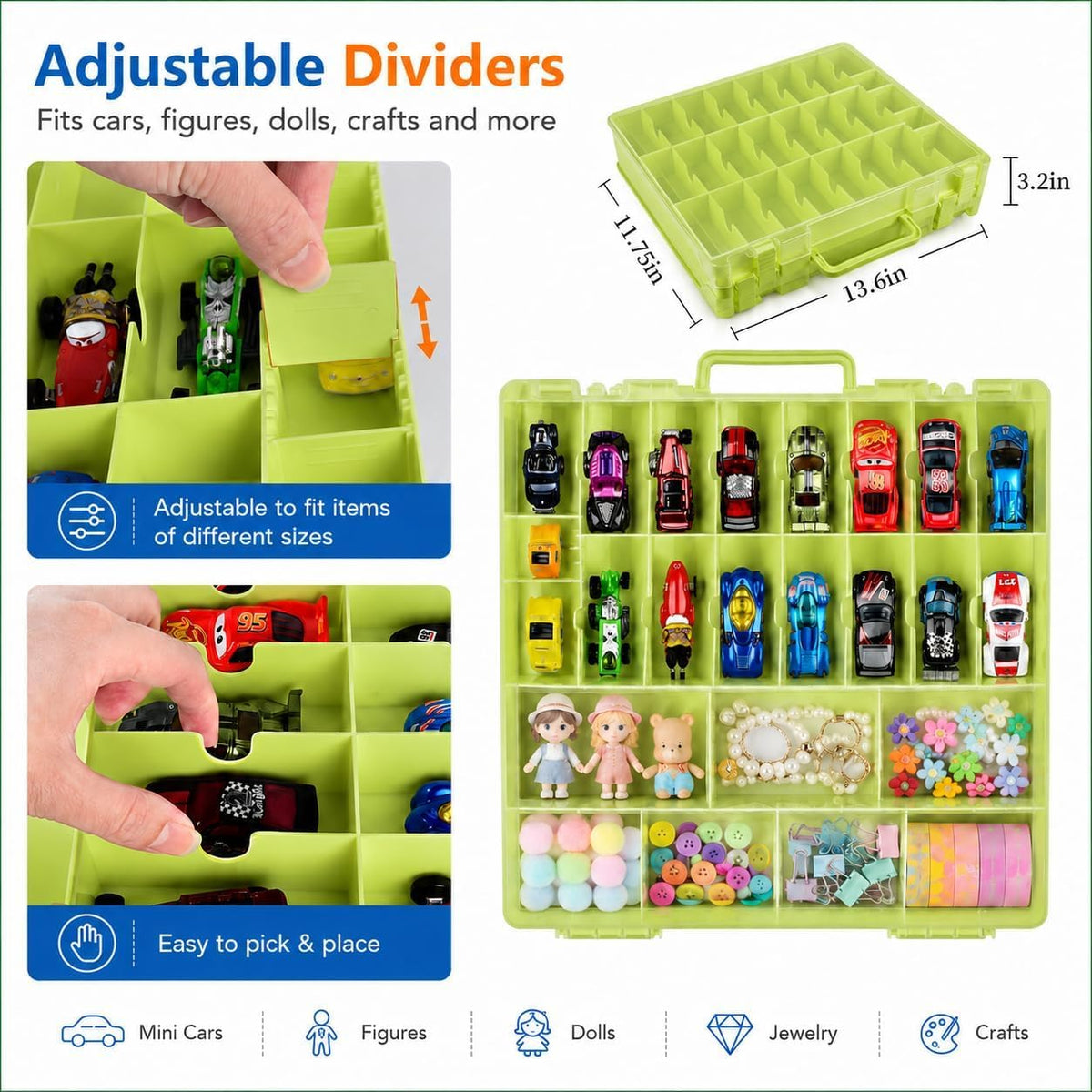 Caja Organizadora de Juguetes Compatible con Autos Hot Wheels, Contenedor para Autos de Matchbox, Mini Juguetes, Muñecas Pequeñas, Caja de Transporte Doble Cara para Hotwheels - 48