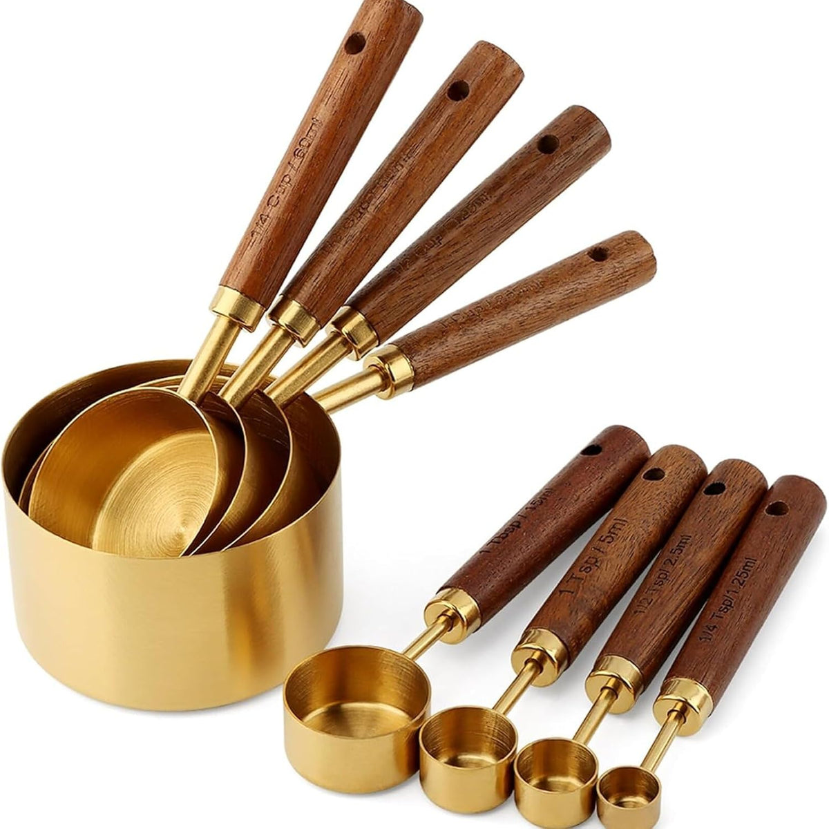 Juego de tazas y cucharas medidoras doradas con mango de madera de acero inoxidable US Metric