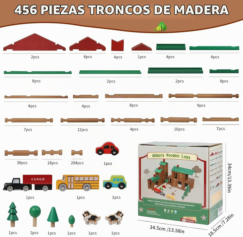 Wondertoys Juego de troncos de madera de villa grande, 456 piezas, troncos de madera real, troncos de construcción clásicos a partir de 3 años, el mejor juego de regalo de construcción retro, regalos educativos de ingeniería de construcción creativa