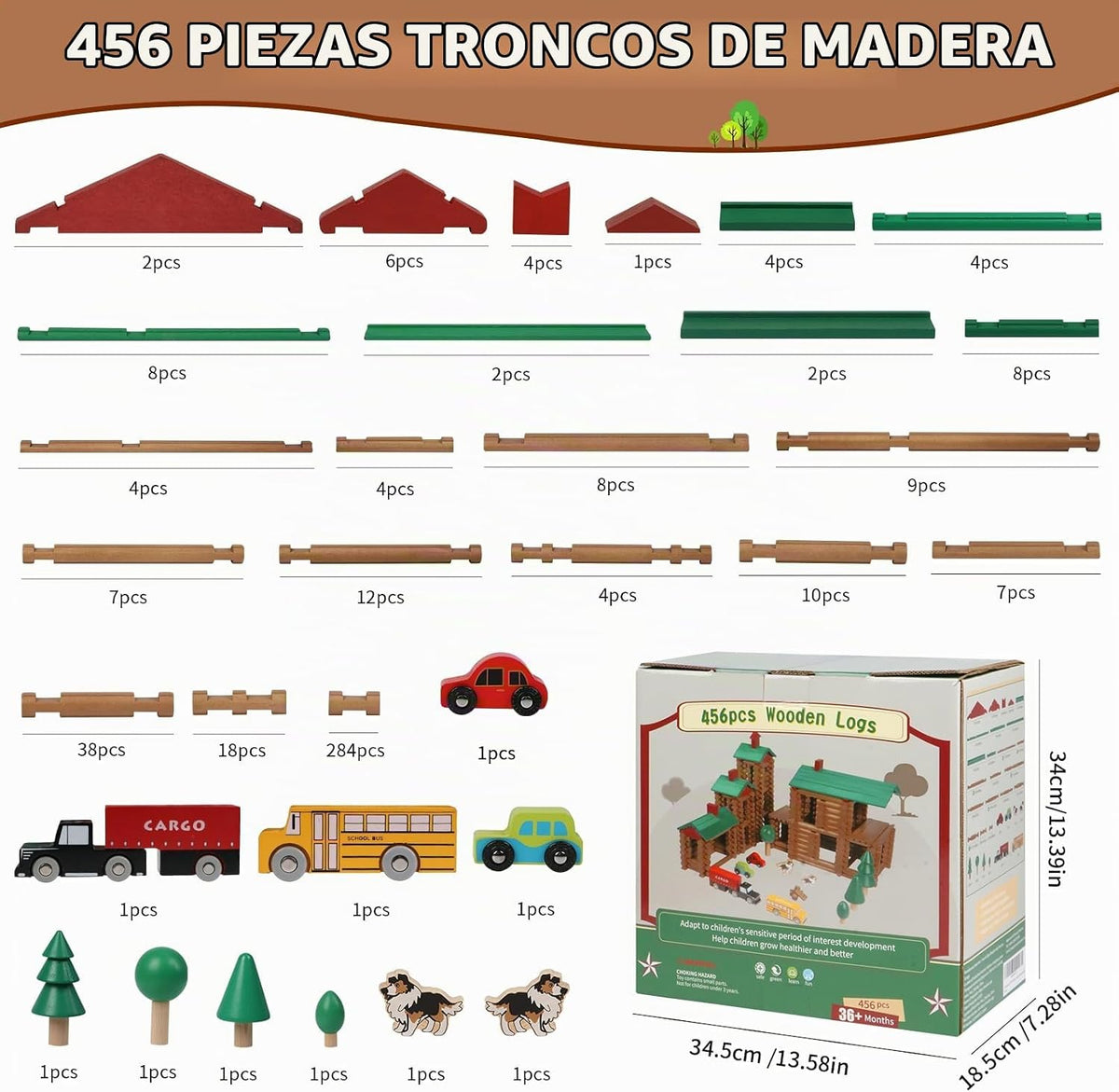 Wondertoys Juego de troncos de madera de villa grande, 456 piezas, troncos de madera real, troncos de construcción clásicos a partir de 3 años, el mejor juego de regalo de construcción retro, regalos educativos de ingeniería de construcción creativa