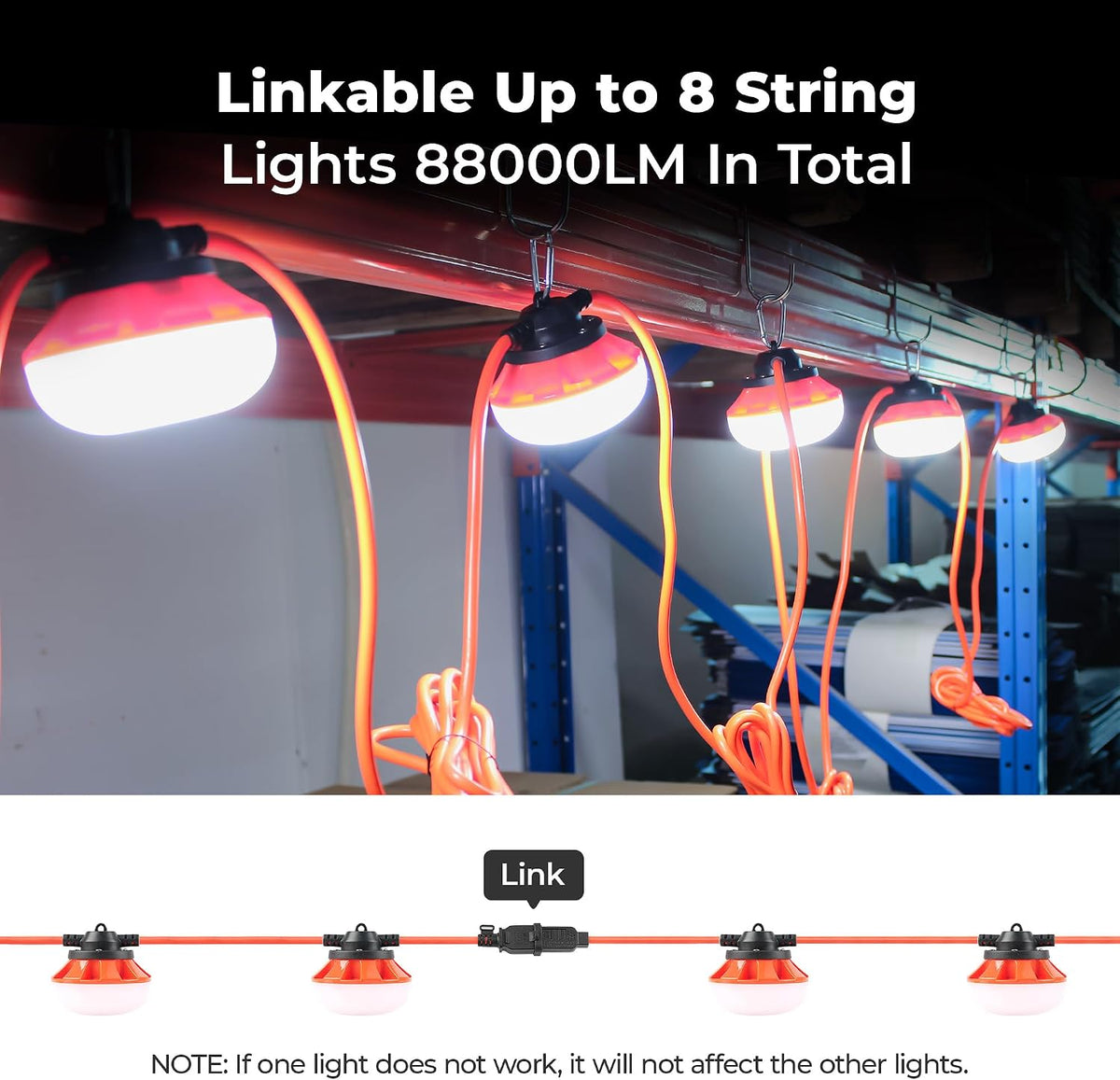 Cadena de luz LED de trabajo de 100 pies y 100 W, 18/2 SJTW