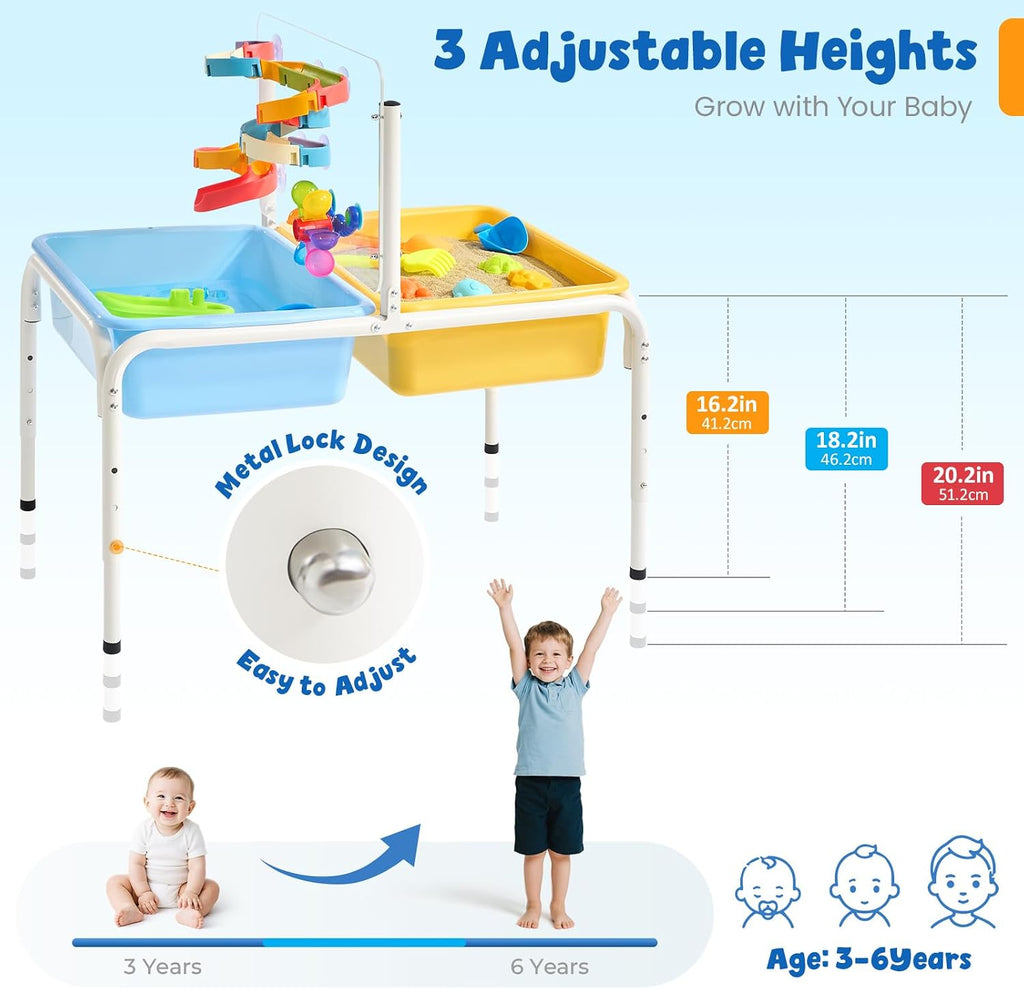 FUNLIO Mesa de agua para niños pequeños, mesa de agua y arena ajustable para niños de 3 a 6 años, mesa sensorial 4 en 1 para niños pequeños con 2 contenedores de almacenamiento, tablero acrílico y 16 piezas de accesorios, juego en interiores y exteriores