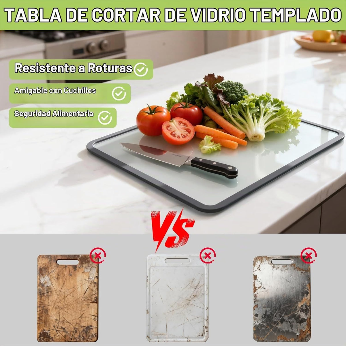 Tabla de cortar de vidrio templado de 8 x 12 pulgadas y 12 x 16 pulgadas, tabla de cortar de vidrio para encimera de cocina, anillo de goma antideslizante, apta para lavavajillas