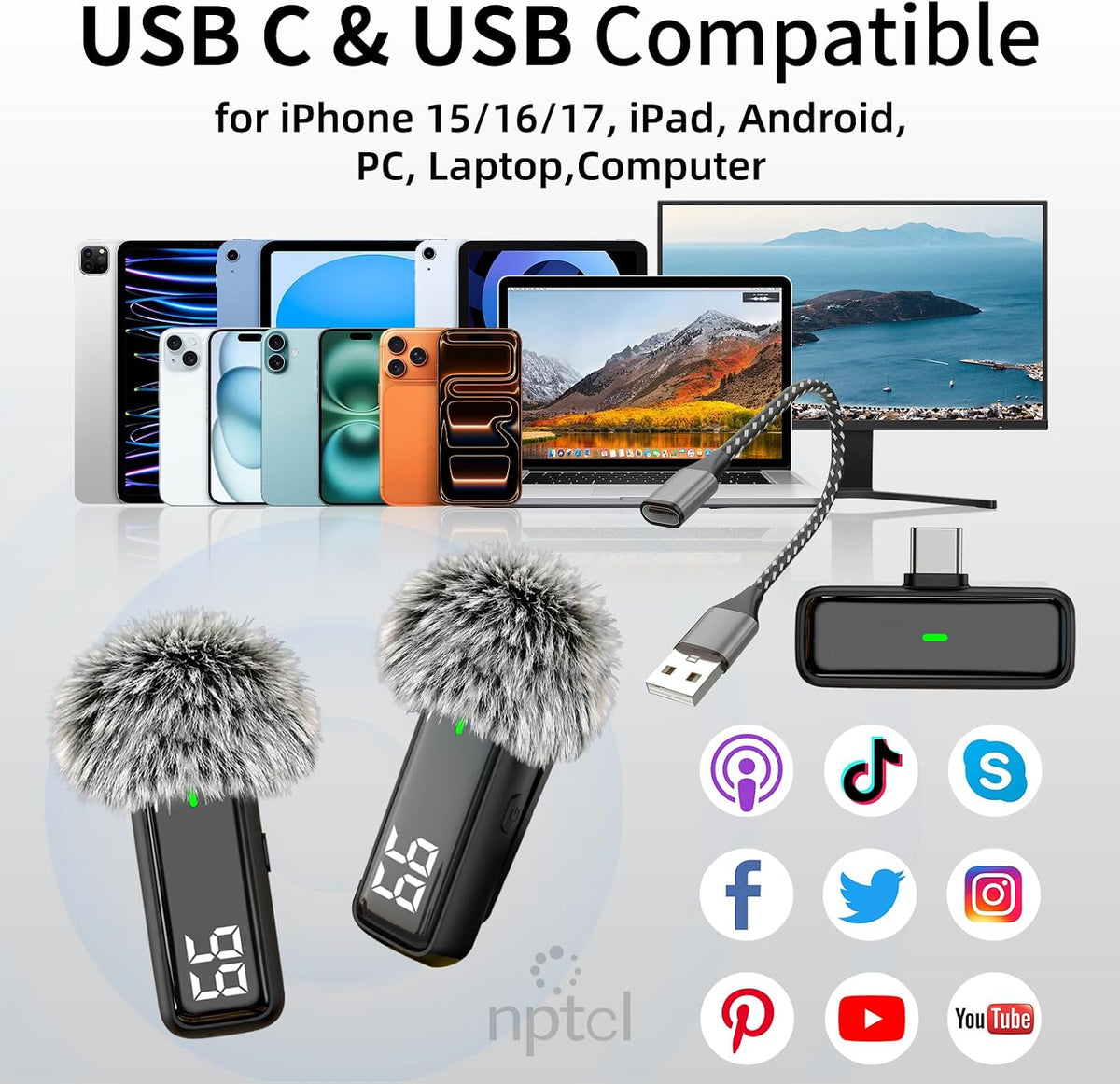 Micrófono inalámbrico USB tipo C para iPhone 17/15/16 PC ordenador