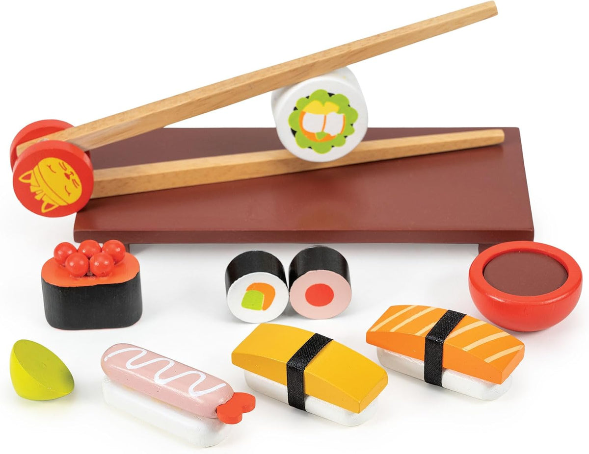 Mentari Juguetes – Juego de sushi – Juego de 11 piezas de comida de madera para niños – Incluye sushi, salsa de soja, wasabi y palillos – Fomenta el juego imaginativo, habilidades motoras finas