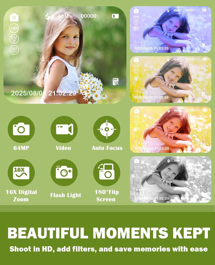 HEYMAO Cámara digital para niños, 64 MP, 1080P, 2.4 pulgadas, panta...
