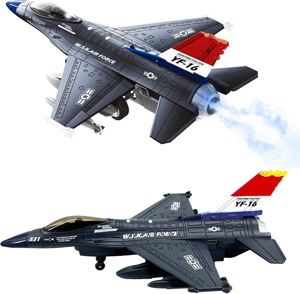Fighter Jet Toy F-16 Jets de juguete para niños, avión militar del ejército de la fuerza aérea, juguete de caza de metal fundido a presión con luces y sonidos de efecto rociador para niños y