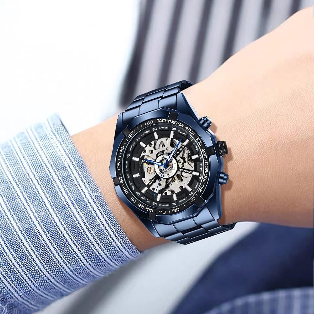 Tiong Hombre Reloj Mecánico Automático Esqueleto de Acero Inoxidable
