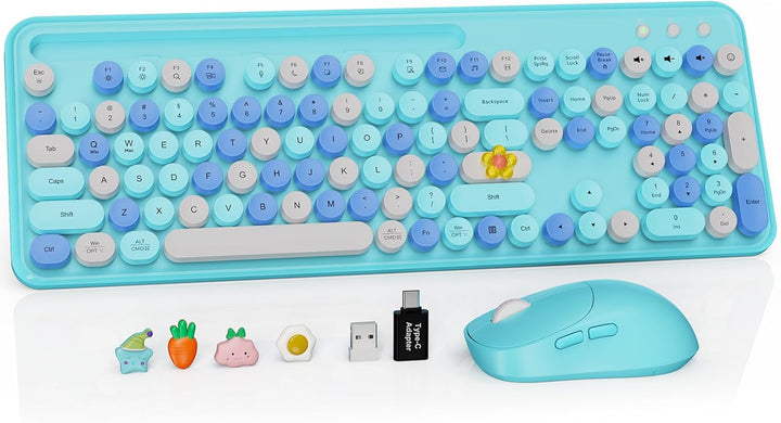 Combo de teclado y mouse inalámbricos, teclas redondas retro, tecla...