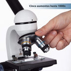 AmScope Serie M150 Microscopio Monocular Compuesto Portátil para Estudiantes - Aumento de 40X-1000X - Cuenta con Luz LED y 25 Diapositivas Preparadas - Tiene Enfoque Grueso y Fino