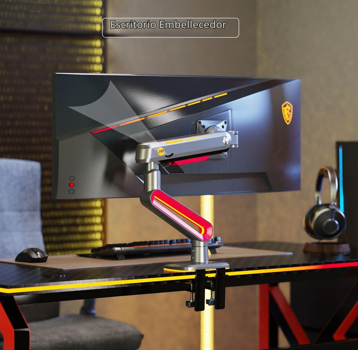 NB Designer - Brazo para monitor de juegos para pantalla de 32 a 60 pulgadas, carga de hasta 44.1 lbs, VESA 75/100, RGB-Light, resistente, ajustable multiángulo, aluminio premium, extensión de brazo largo rojo