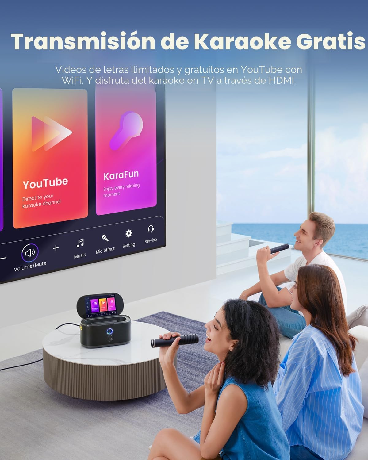 Ikarao - Máquina inteligente de karaoke, pantalla integrada de 10.1 pulgadas con letra para adultos y niños, 2 micrófonos inalámbricos de carga automática, altavoz Bluetooth portátil con sistema PA