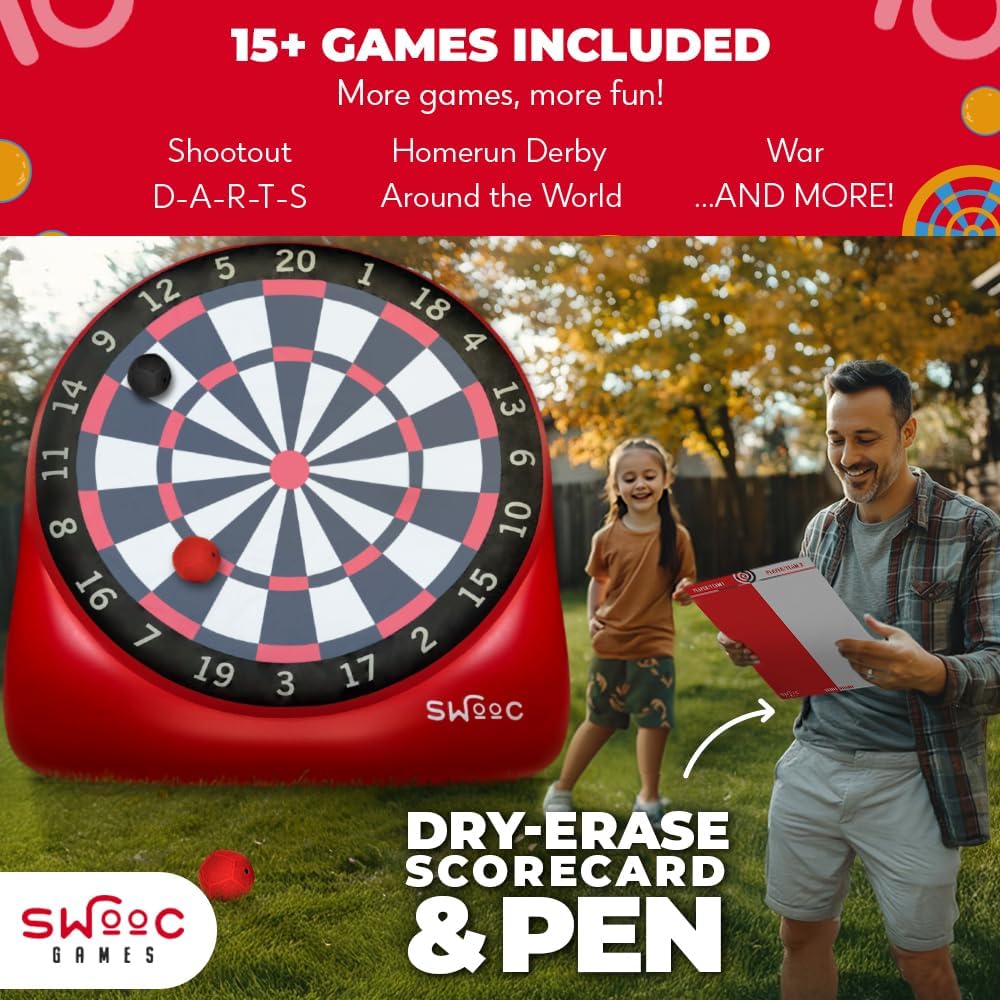 Swooc Games - Dardos gigantes inflables de primera calidad (más de 15 formas de jugar) - Diana de fútbol jumbo con bomba de aire - Juegos de carnaval grandes - Juegos gigantes al aire libre - Juego de