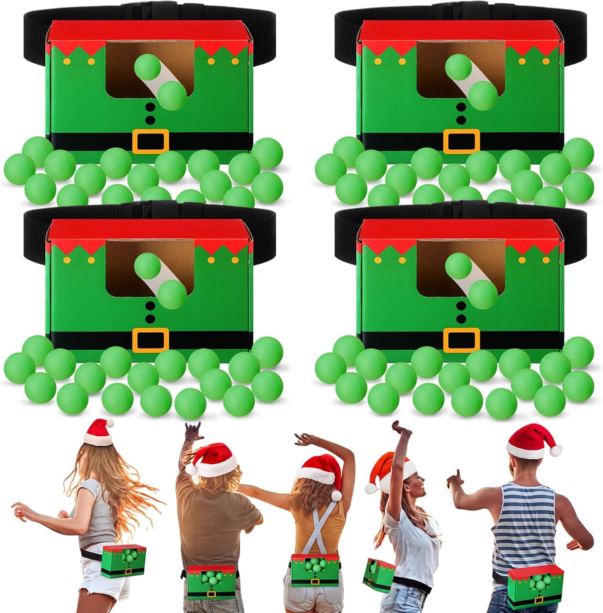 Halloscume 4 Juegos de Pelotas Navideñas Oscilantes y Temblorosas, Juego Navideño de Duende Novedoso Twerk, 40 Pelotas, Cinta, Cajas de Cartón, Juegos Divertidos de Fiesta para Familia, Grupos Grandes