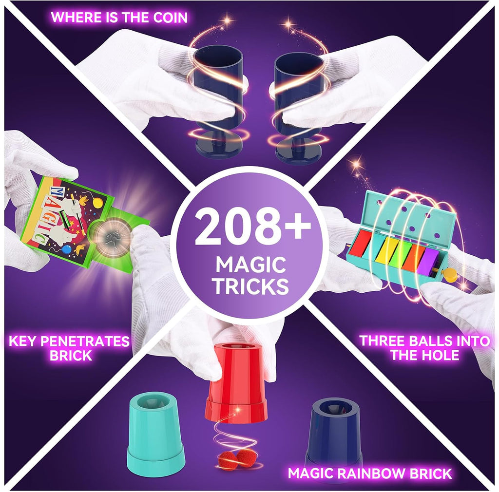 Kit mágico – 208 trucos de magia para niños de 6 a 8 años, juego de magia con manual y video para principiantes y niños, regalos de Navidad, Halloween, cumpleaños, juguetes para edades de 6, 7, 8, 9, 10, 11, 12 años