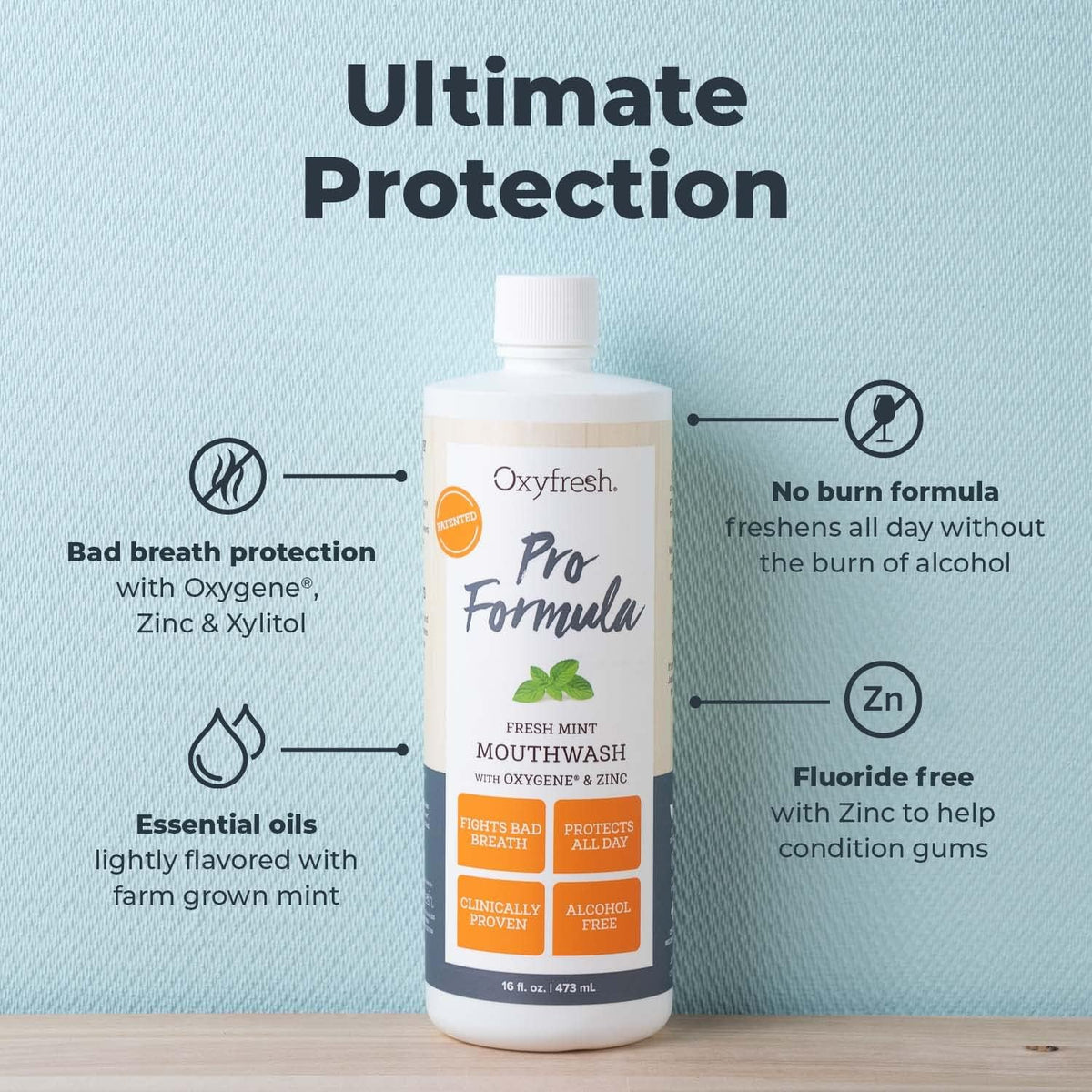 Enjuague bucal prémium Oxyfresh Pro Formula Fresh Mint, 16 Fl Oz, Menta fresca con zinc