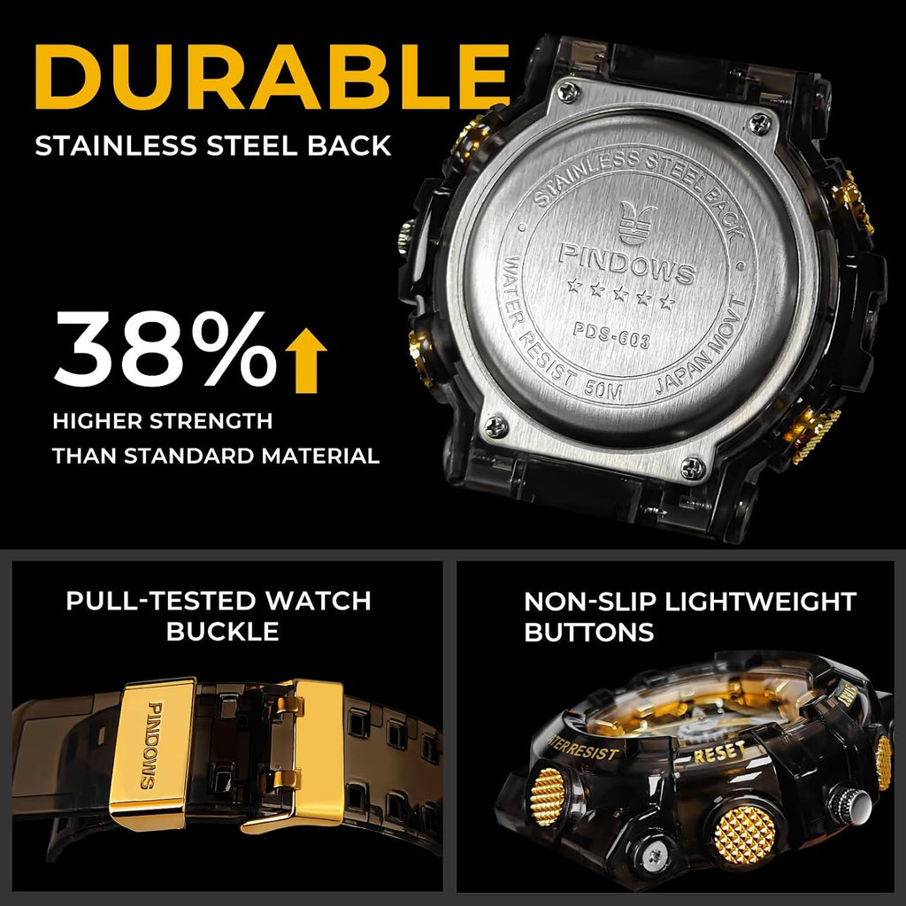 Relojes PINDOWS para hombre, transparente dorado, analógico digital, doble hora, 50M resistente al agua, retroiluminación LED, multifuncional con alarmas, cronómetro, ideal para deportes, actividades