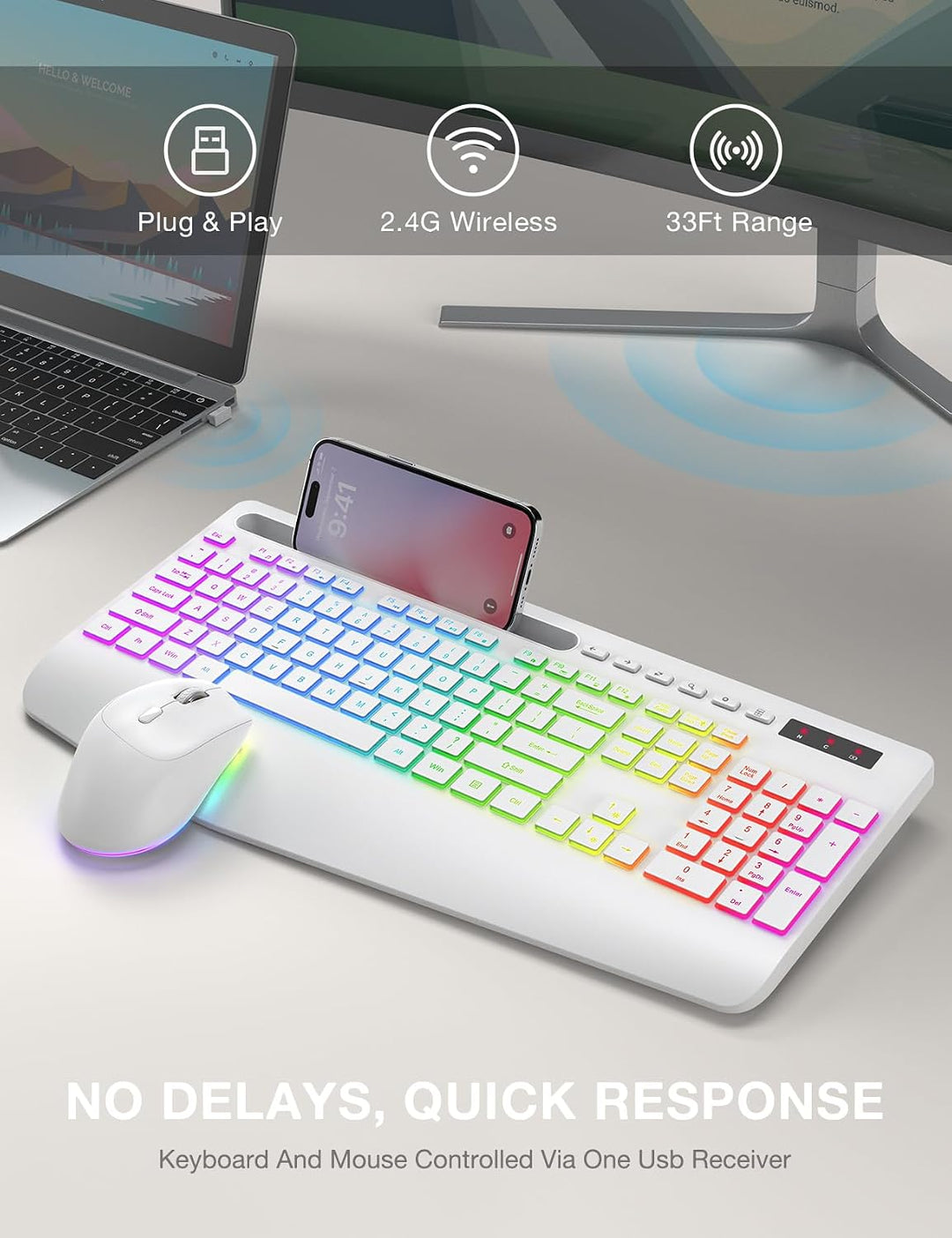 Combo de teclado y mouse inalámbricos, 9 efectos retroiluminados, r...
