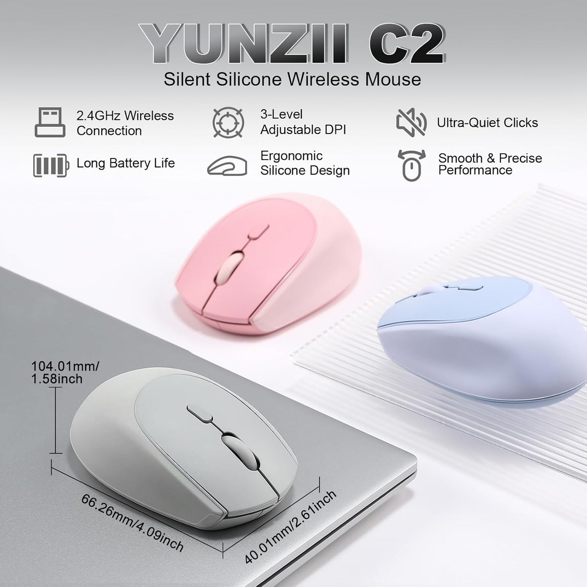 YUNZII Ratón Inalámbrico C2, 2.4GHz Ratón Inalámbrico de Computador...