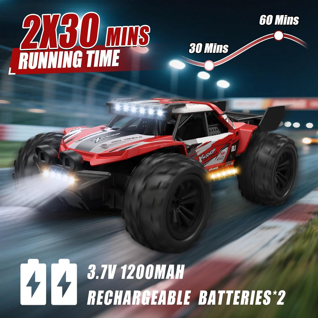Auto de control remoto, 4WD de alta velocidad 30+KPH RC Cars para niños de 8 a 12 años, 2.4 GHz, camión RC Monster Truck 1:18 con 2 baterías recargables y luces LED, regalos de cumpleaños para