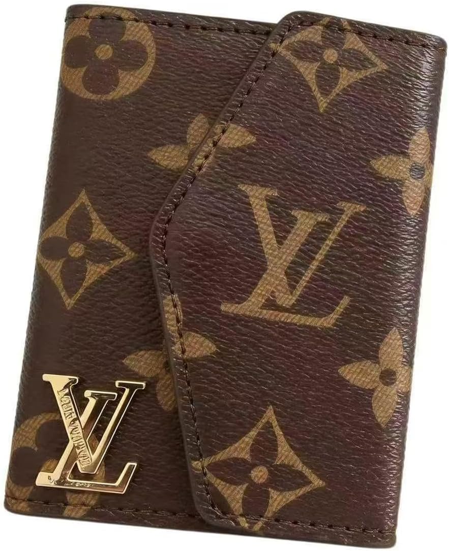 Cartera con solapa y detalle de metal, patrón floral marrón, funda delgada y minimalista para tarjetas de crédito, organizador de bolsillo con múltiples ranuras para hombres y mujeres