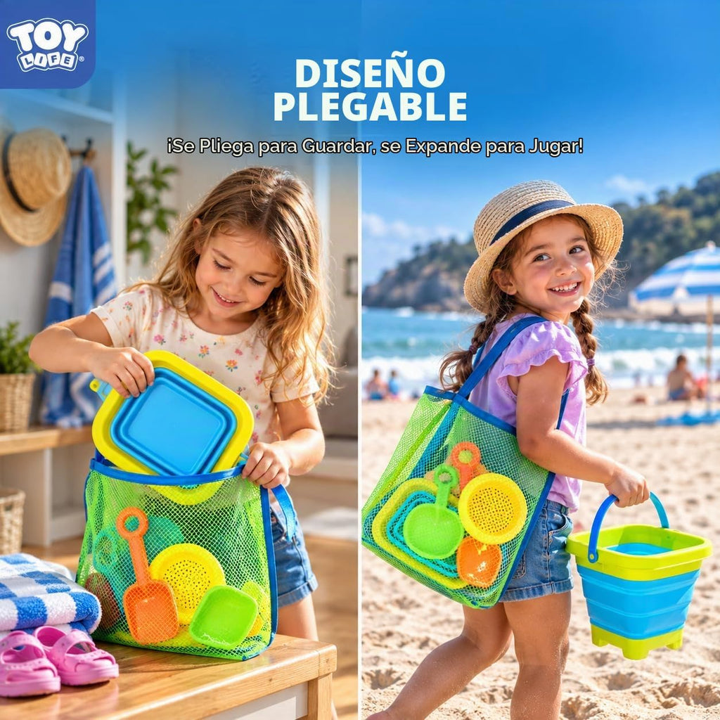TOY Life Juguetes de playa plegables para niños con 4 cubos de arena plegables de silicona y 8 palas y bolsa de malla, accesorios de playa para viajes, juguetes de arena para niños, juguetes de caja