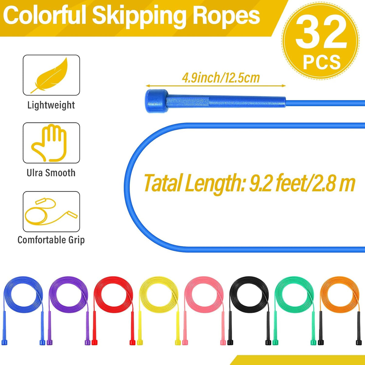 Xinnun 32 cuerdas de salto de PVC para fitness, cuerda de saltar ajustable de 9.2 pies, cuerda versátil irrompible con mango de plástico para mujeres y hombres, entrenamiento de resistencia, ejercicio