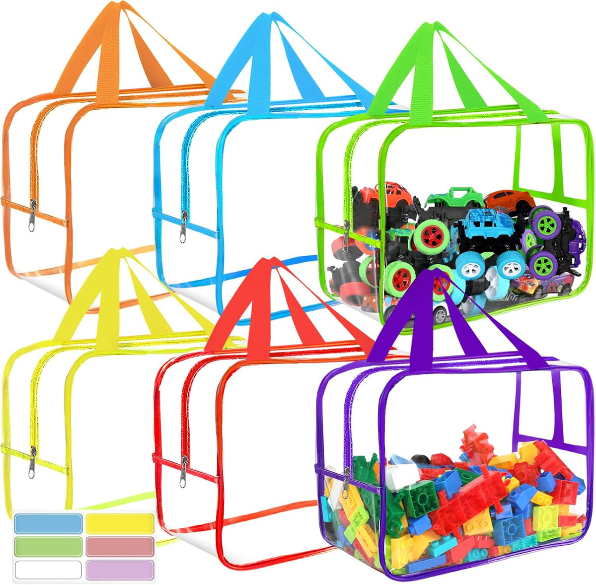 Bolsas de almacenamiento extragrandes de 6 colores amplias de 12.6 x 9.25 x 6.9 pulgadas con etiquetas, almacenamiento reutilizable de PVC transparente, bolsas organizadoras impermeables con