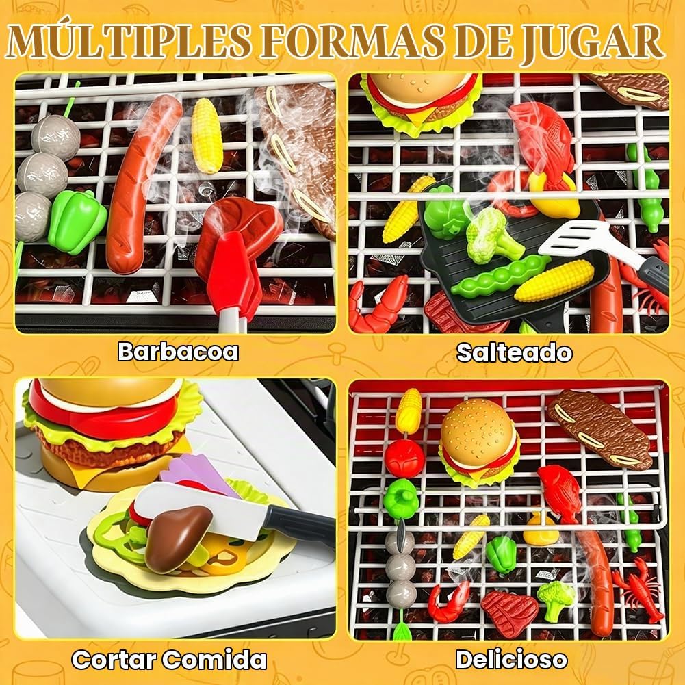 Juego de parrilla para niños, parrilla de juguete para barbacoa con luz de sonido de humo y rueda, juguetes de cocina movibles para niños pequeños de 3 a 5 años, 2 capas de barbacoa, comida, Navidad, regalos de cumpleaños para nietos