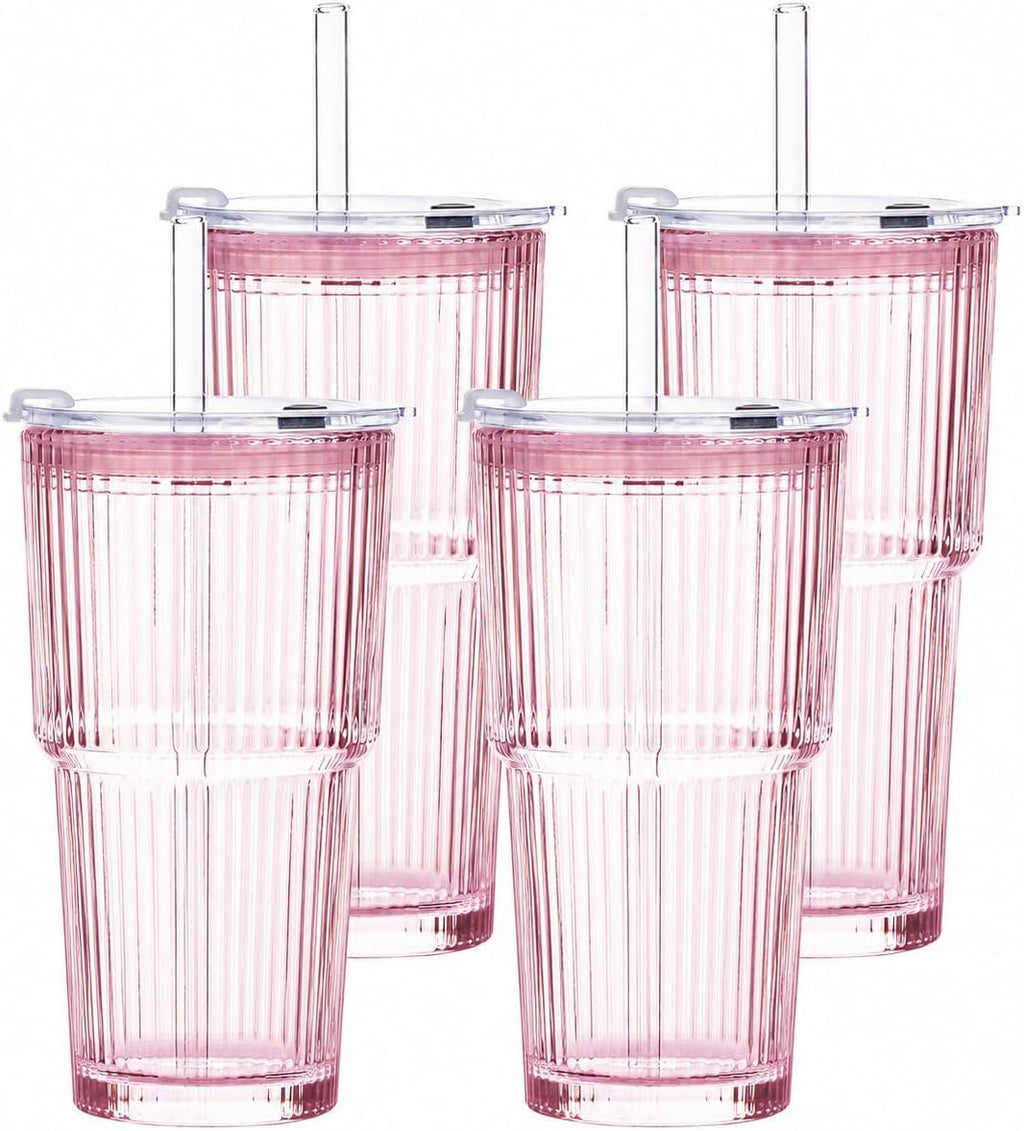 GOSCHE Vasos de vidrio rosa con tapas y pajitas, tazas de café helado de 20