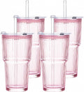 GOSCHE Vasos de vidrio rosa con tapas y pajitas, tazas de café helado de 20
