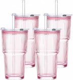 GOSCHE Vasos de vidrio rosa con tapas y pajitas, tazas de café helado de 20