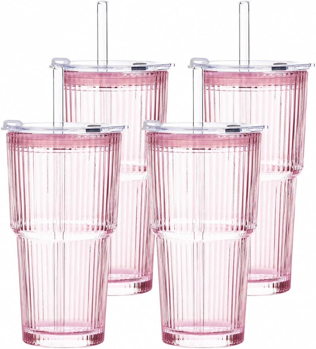 GOSCHE Vasos de vidrio rosa con tapas y pajitas, tazas de café helado de 20