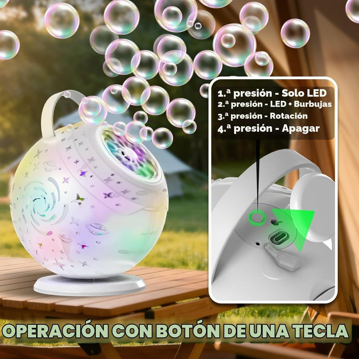 Máquina de burbujas recargable para niños con rotación de 90° 360°, control remoto (20-40M)