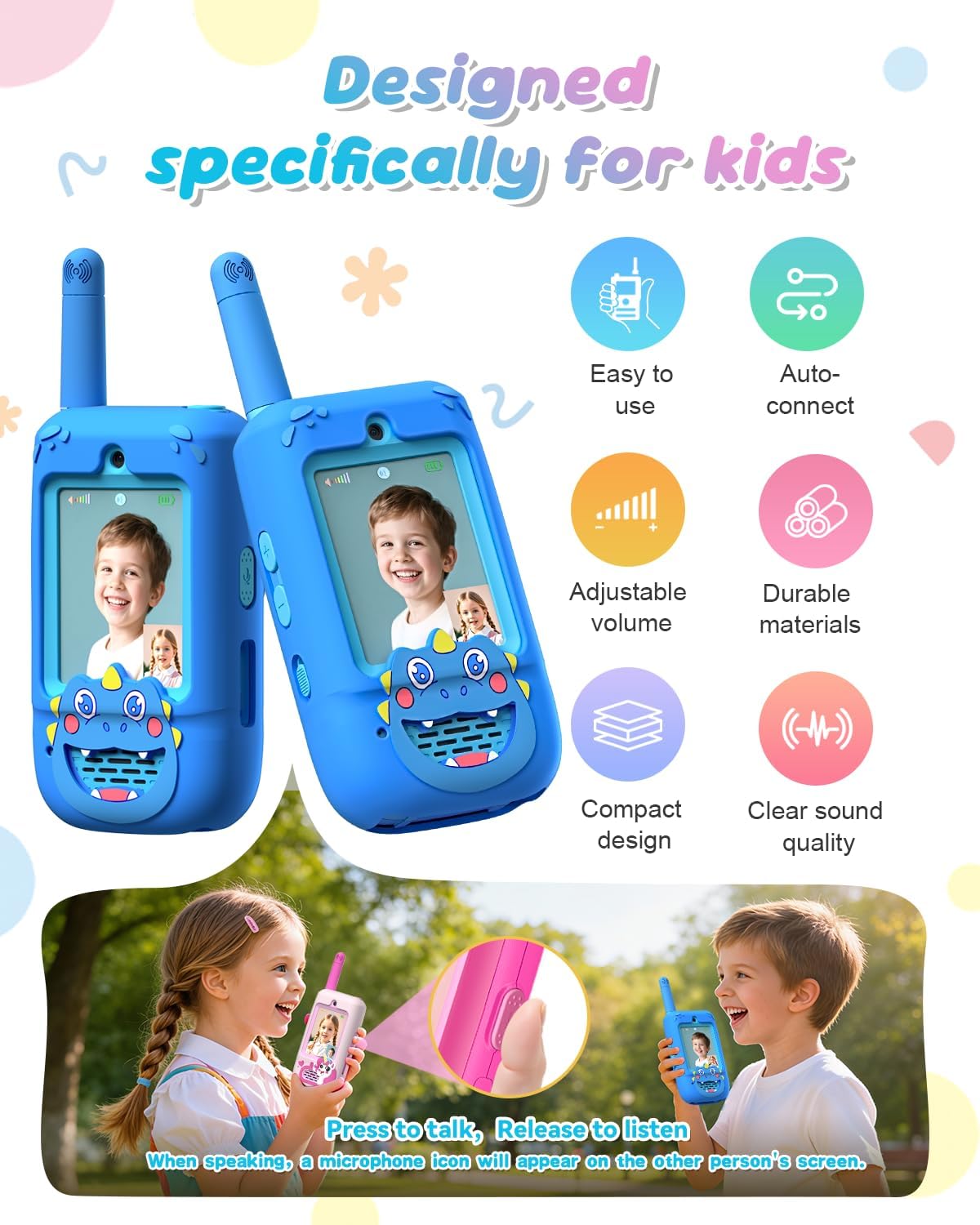 Walkie Talkies de video para niños, paquete de 2 recargables con cámara HD