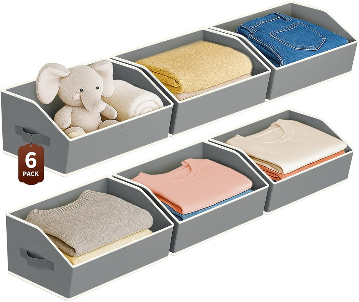 Organizadores de Closet Grandes y Cestas de Almacenamiento - Pack de 6 Cestas Trapezoidales para Estantes, Cestas de Tela Plegables con Asas Ideal para Closet, Cesta, Armario y Almacenamiento en Estantería, Gris