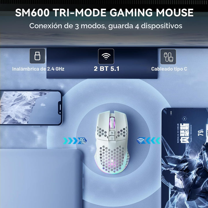 SOLAKAKA SM600 - Ratón inalámbrico blanco para juegos, tres modos B...
