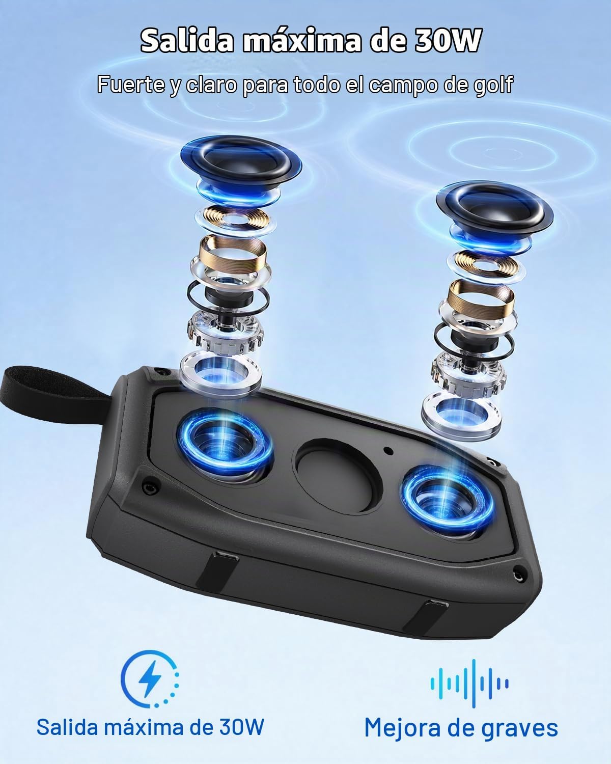 Qozybuds Altavoz de golf magnético, altavoz portátil Bluetooth 6.0 para carrito de golf de 30 W, IPX6 impermeable, tiempo de reproducción de 30 horas, estéreo TWS, luz RGB, altavoz al aire libre a