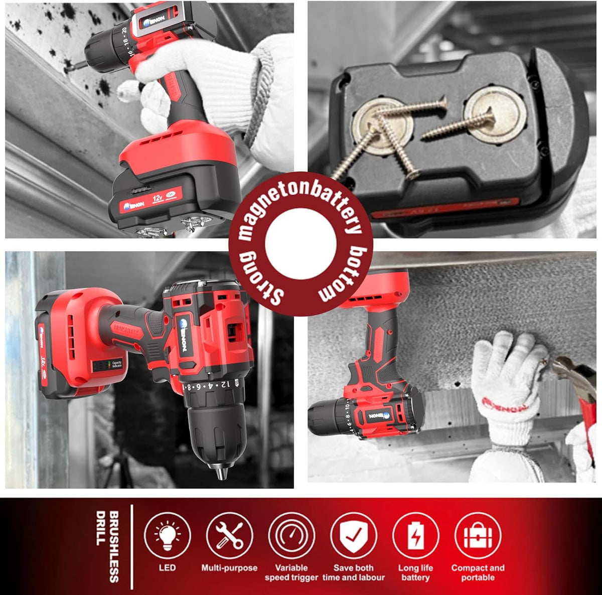Juego de taladro inalámbrico sin escobillas, juego de taladro eléctrico de 12 V con batería y cargador, brocas eléctricas, portabrocas sin llave de 3/8 pulgadas, ajuste de par de torsión 20+1, 300 pulgadas-libras, con juego de taladro eléctrico LED