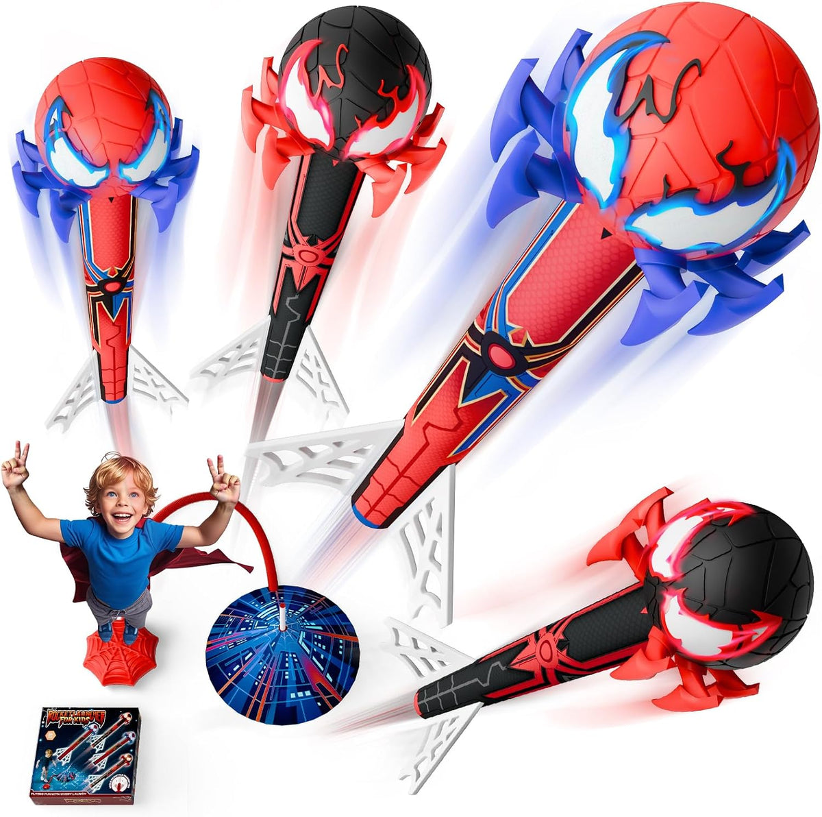 Lanzacohetes araña para niños, 4 cohetes con bomba de aire de red, juguetes de lanzamiento de pisoteo, juguetes de araña al aire libre, regalos para niños y niñas de 3 a 10 años