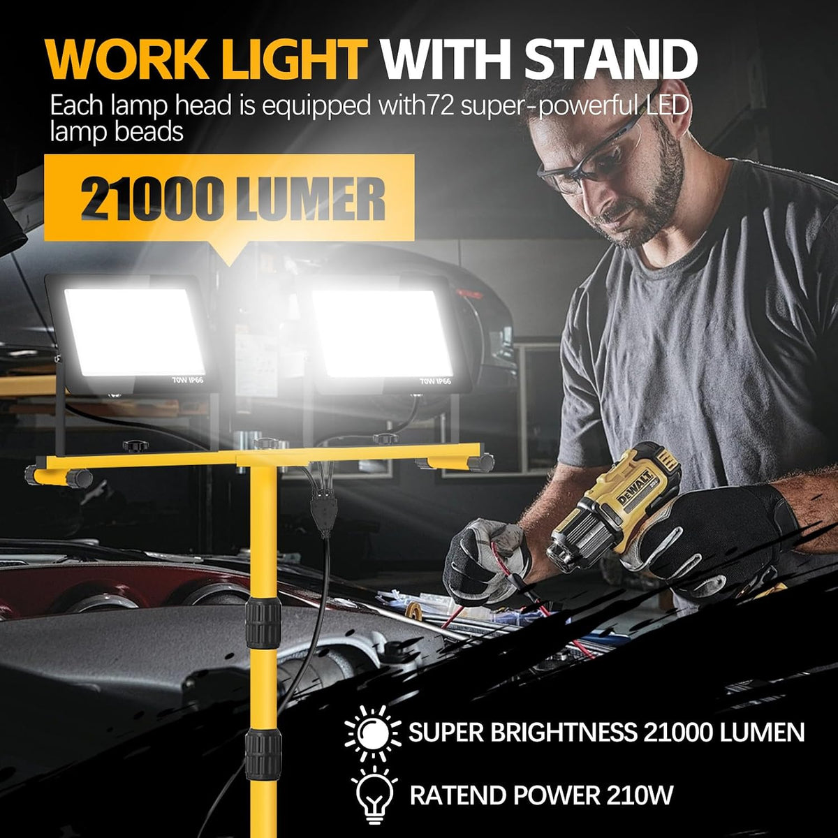 Luces de trabajo con soporte, 14000 lúmenes, 2 cabezales ajustables