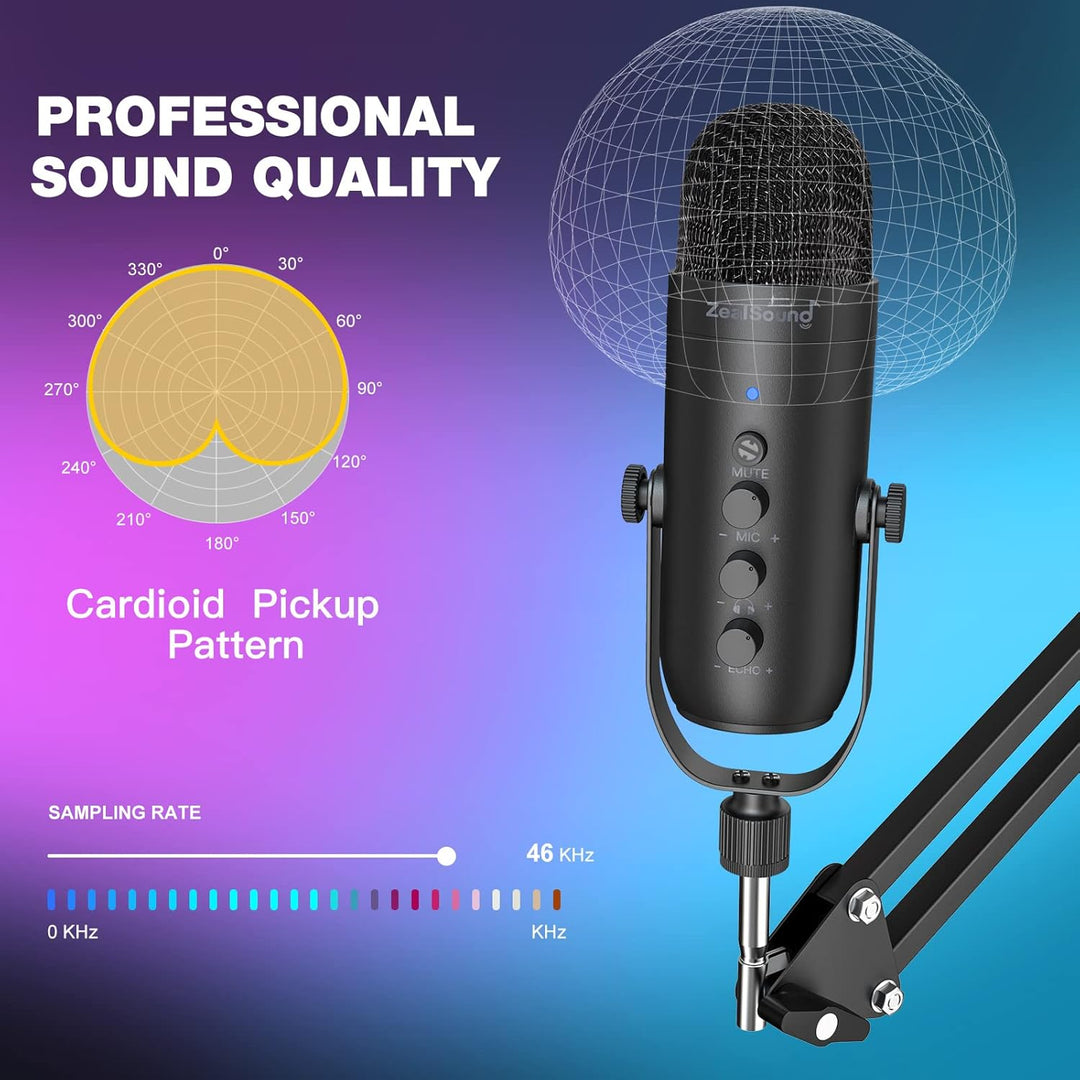 ZealSound Micrófono de podcast con brazo de brazo, micrófono USB co...