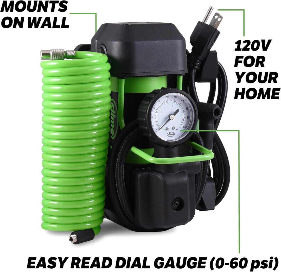Inflador de neumáticos para casa Slime 40045, montado en pared 120V...