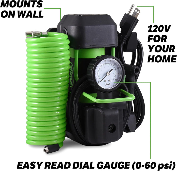 Inflador de neumáticos para casa Slime 40045, montado en pared 120V...