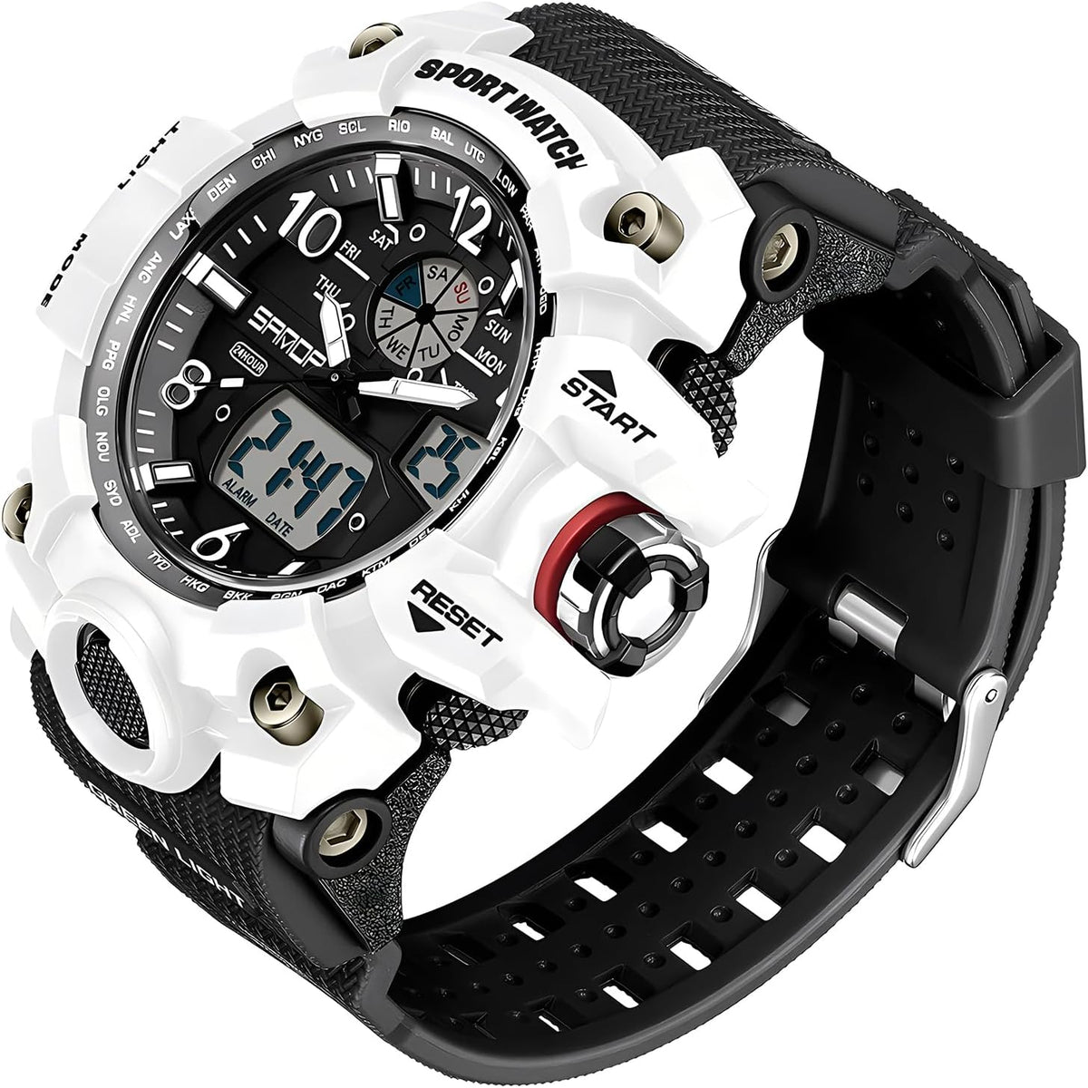 Gosasa Reloj de estilo militar digital analógico, cara grande de 2.2", resistente al agua hasta 50 m, doble zona horaria, alarma, retroiluminación LED, cronómetro, correa de PU