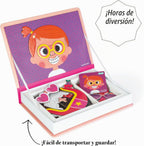 Janod MagnetiBook - Juego de 66 piezas magnéticas para niñas de 3 años en adelante, juego creativo, mejora la creatividad y el aprendizaje, incluye 55 piezas magnéticas y 10 tarjetas